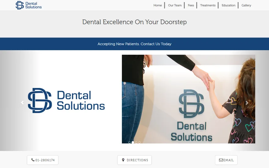 Dental Solutions homepage: 'Dental Excellence On Your Doorstep' above the practice's interlocking DS logo